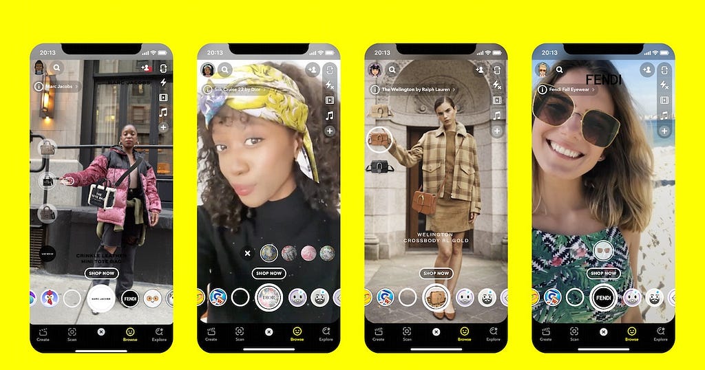 Four screenshots of a Snapchat mobile app showcasing its camera screen with filter applied.