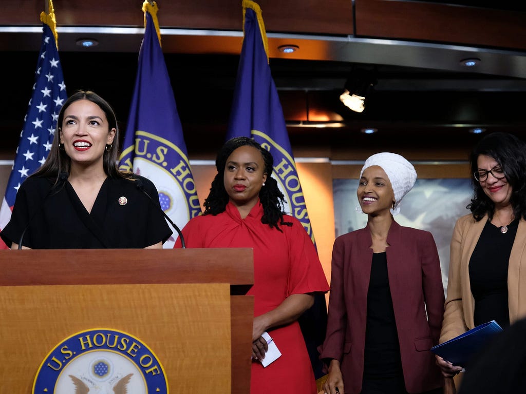 From left to right: “Squad” members Rep. Alexandria Ocasio-Cortez, Rep. Ayanna Pressley, Rep. Ilhan Omar, and Rep. Rashida Tlaib.