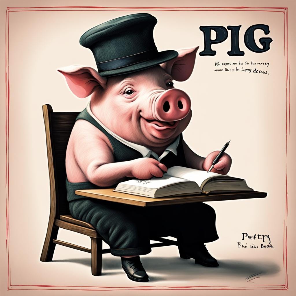 Pig, with top hat, seated ,writing in book