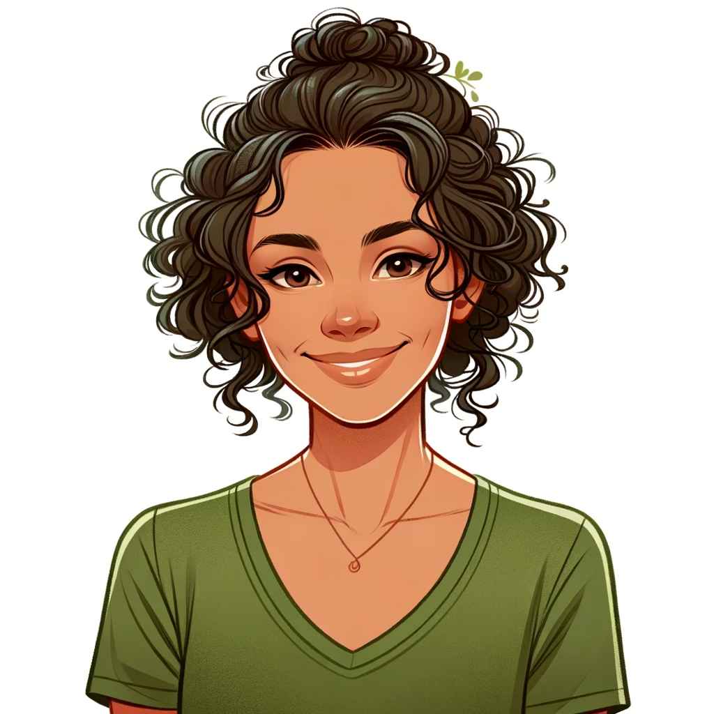 Illustration portrait of a 30-year-old American woman with her curly wavy hair styled in a bun, wearing a green t-shirt and smiling warmly.