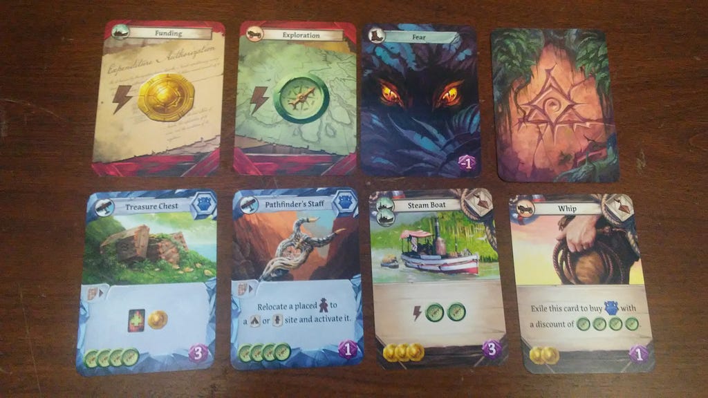 Eight cards are shown, the top-right card face down. Starting from the top left and going toward the bottom right, cards reflect funding, exploration, fear, a face down card, a treasure chest, a pathfinder’s staff, a steam boat, and a whip. The bottom four cards have a picture to add to the theme. All the cards have iconography and/or text that details what they do.