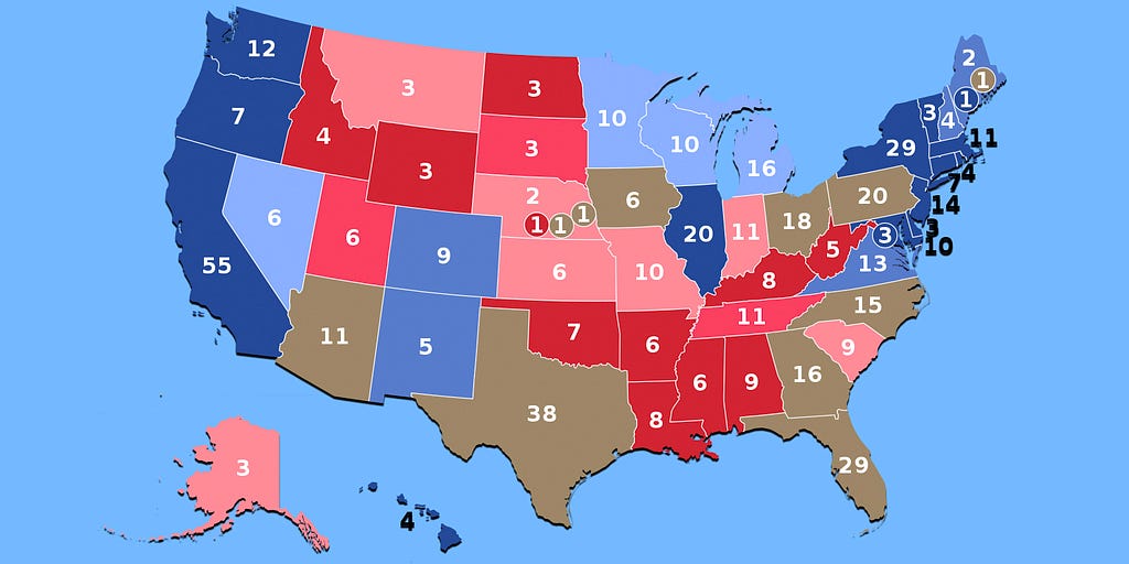 map of the united states with each state’s number of electoral votes and party-majority color