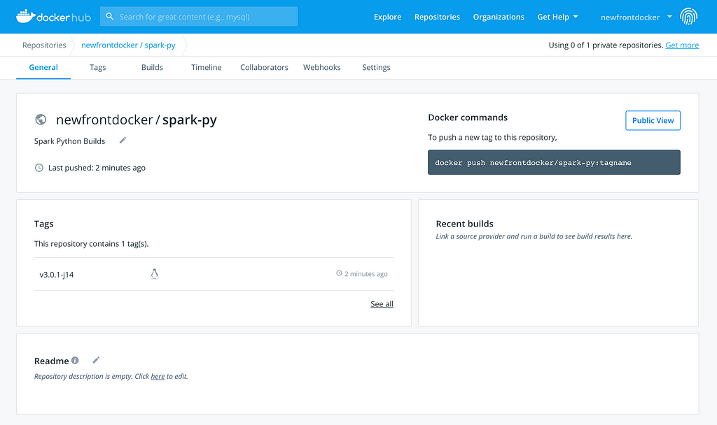 This image shows the DockerHub location of the newfrontdocker/spark-py Docker container