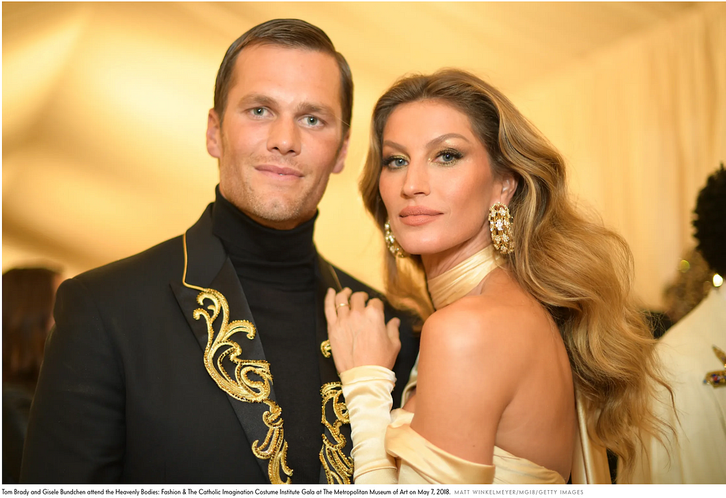 Tom Brady and Giselle Bundchen attend the Heavenly Bodies: Fashion and the Catholic Imagination Costume Institute Gala at the Metropolitan Museum of Art on May 7, 2018. Photo by Matt Winkelmeyer/MG18/Getty Images