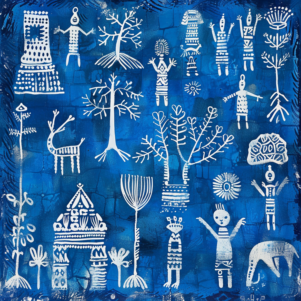 Warli Painting, african inspired symbols, in white and blue