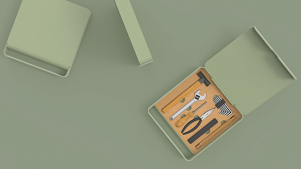 Rendering of the hand-tool set from the Danish start-up Flid with green metal casing and light-weight tools