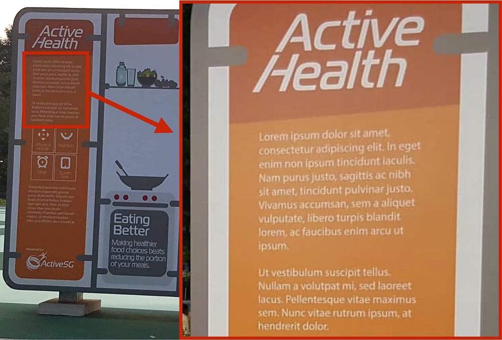 Lorem ipsum used on informational sign for Active Health