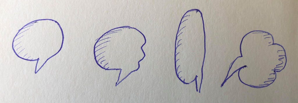 Four hand-drawn speech bubbles with different shapes.