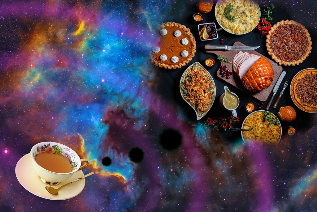 A cup of broth floats in space, connected to a thought bubble that contains a Thanksgiving feast