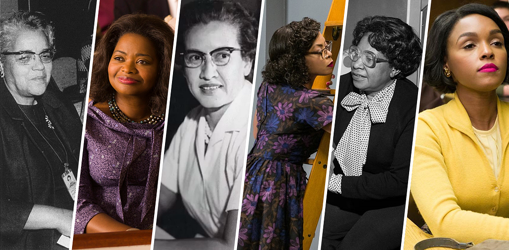 Montagem com Katherine Johnson na vida real e ao lado a atriz Taraji P. Henson trajada do personagem que interpreta Katherine Johnson no filme estrelas além do tempo; Dorothy Vaughn na vida real e ao lado a atriz Taraji P. Henson trajada do personagem que interpreta Octavia Spencer no filme estrelas além do tempo ); Mary Jackson na vida real e ao lado a atriz Taraji P. Henson trajada do personagem que interpreta Janelle Monáe no filme estrelas além do tempo;