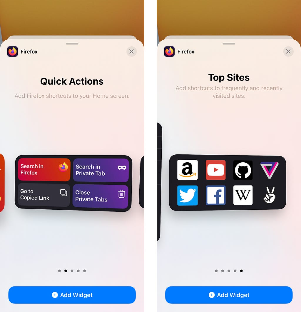 Images of two Firefox iOS widgets: Quick Actions and Top Sites.