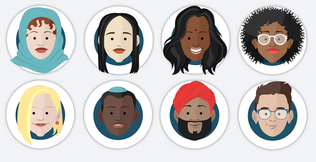 Image of 8 different diverse avatars representing people of different genders, ethnicities, and religious affiliation.