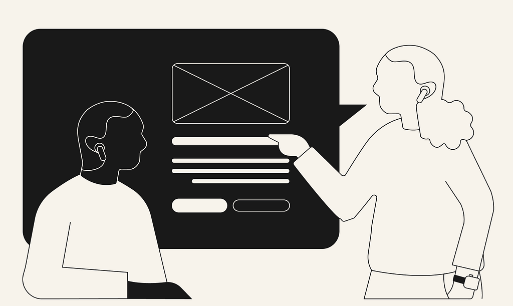 Abstract Illustration of two people discussing a wireframe via video call.