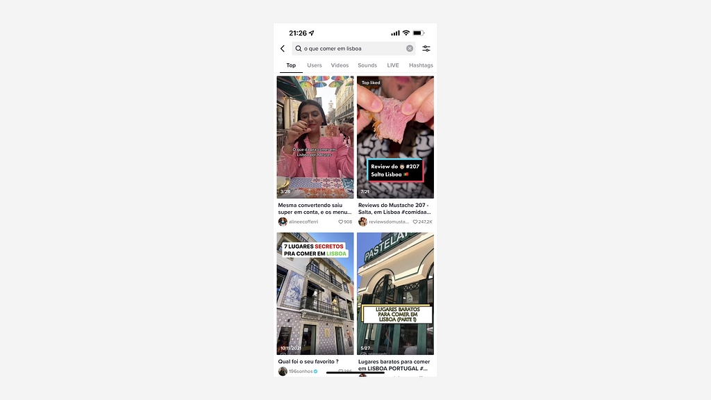 Screenshot of the Tiktok app for “what to eat in Lisbon.”