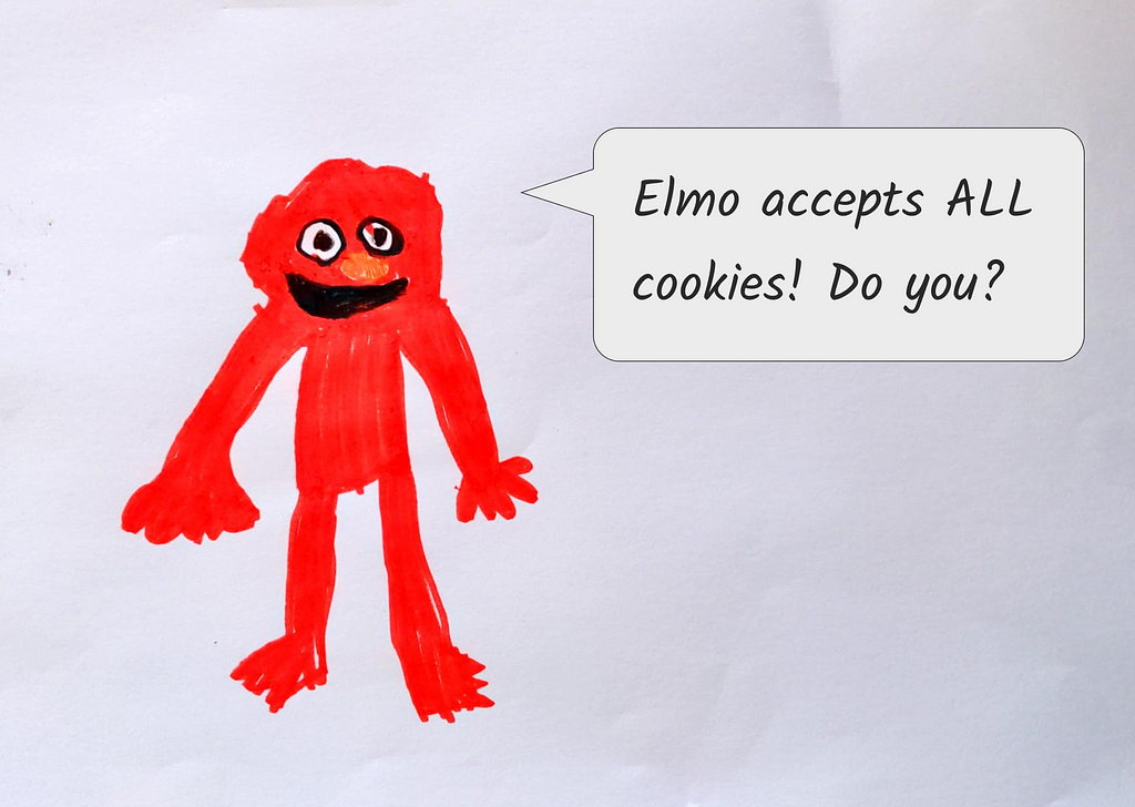 A felt-tip pen drawing of Elmo by a 6-year-old. A digital speech bubble has been added with the text ‘Elmo accepts all cookies! Do you?’