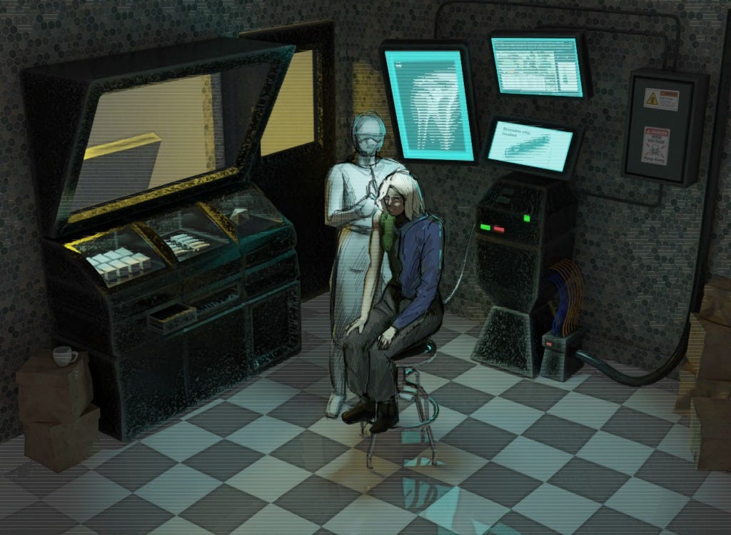 A clinical imagery technician examining the arm of the protagonist in a futuristic dystopian lab