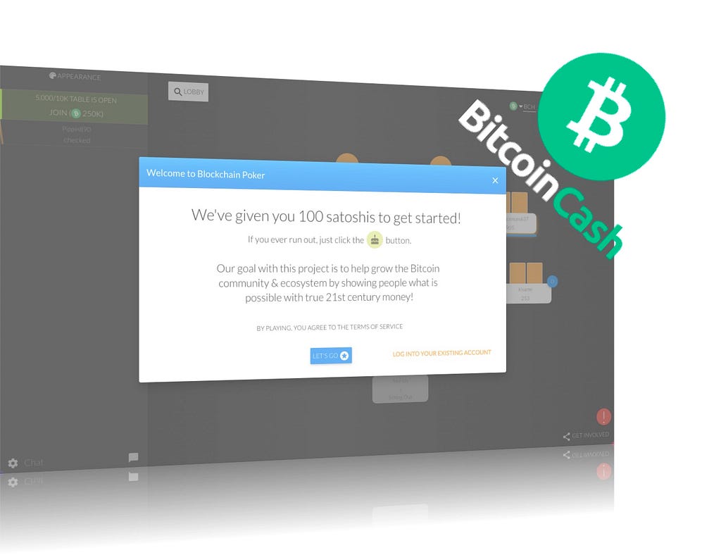 Splash image that shows a screenshot of the Blockchain.poker interface, and the Bitcoin Cash logo.