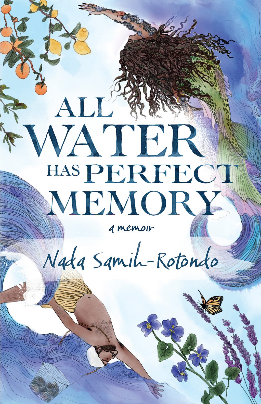 A cover of All Water Has Perfect Memory. A male and female mermaid circle the title in the center, as do flora.