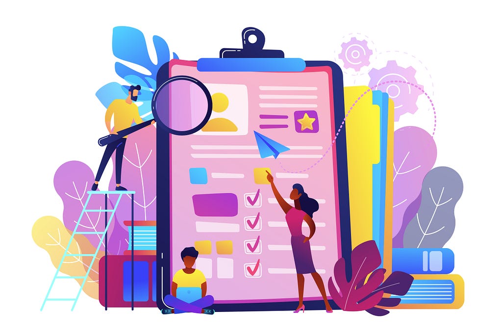 Colorful illustration of three people around a life-sized clipboard featuring a checklist.