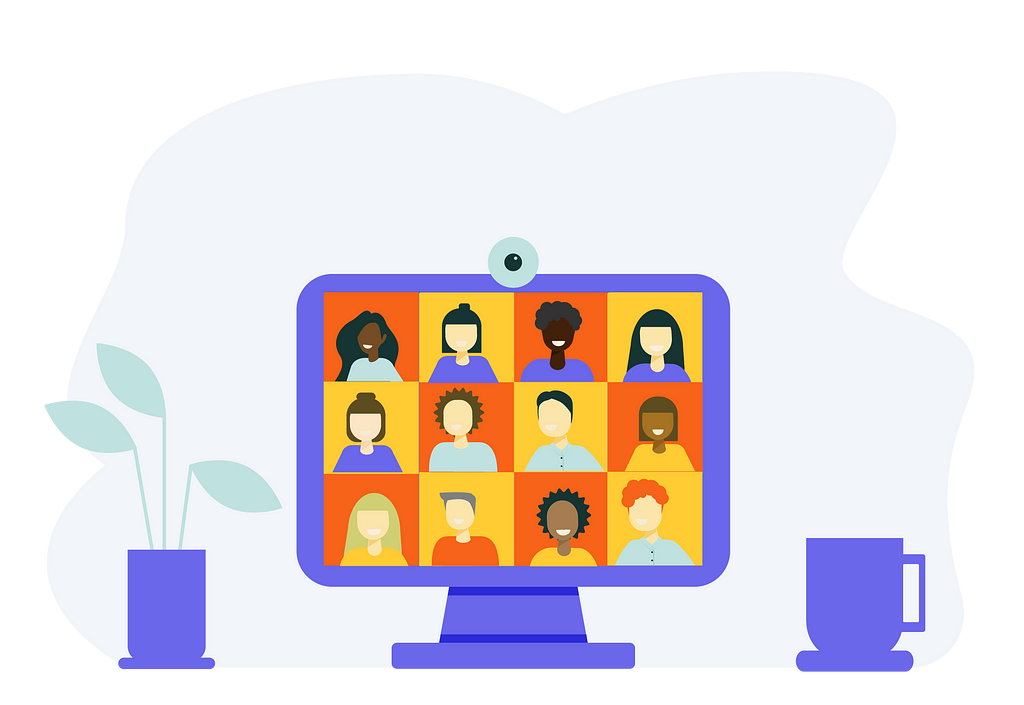 An illustration of a group of diverse individuals having a video chat on a screen