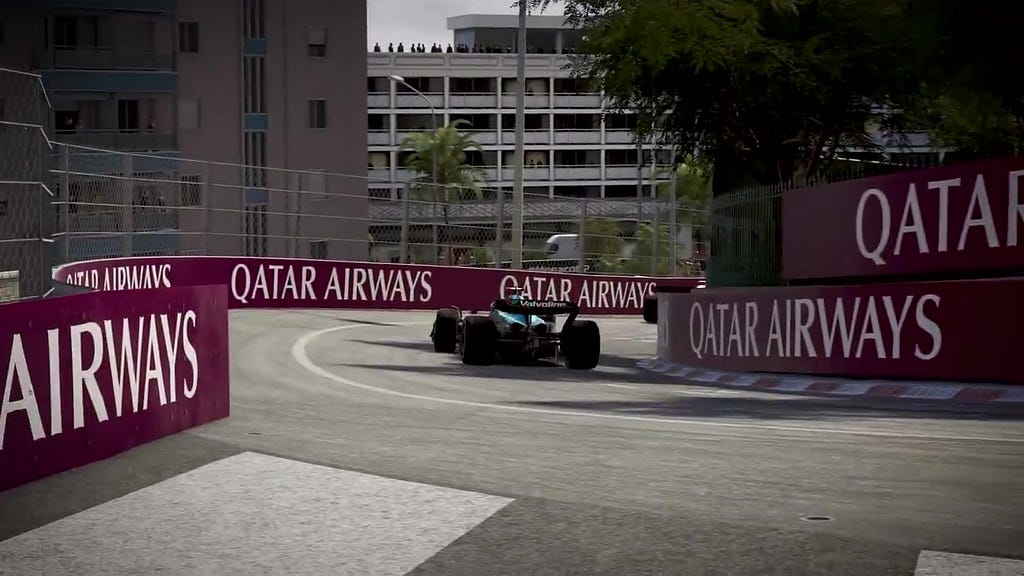 A car navigating a corner on a wet track in F1 24.