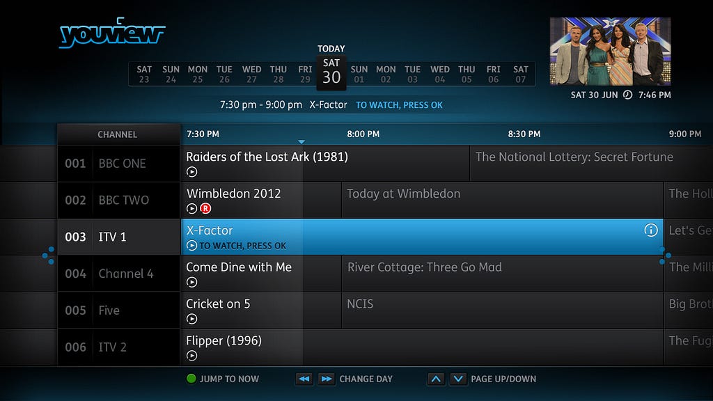 YouView Electronic Programme Guide, standard view
