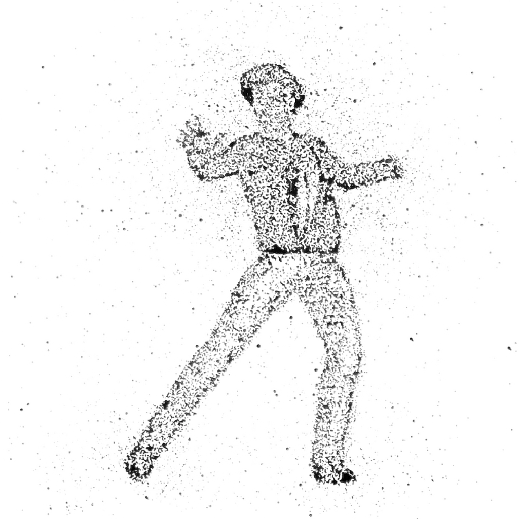 Imagem em preto e branco, com a técnica de pontilhismo, formando a silheta de um homem.