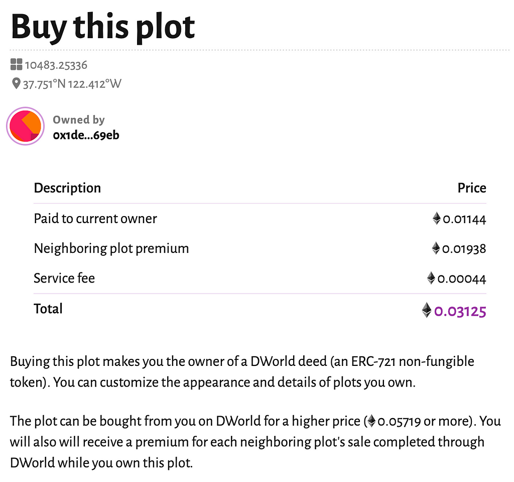 Example of buying a plot on Dworld