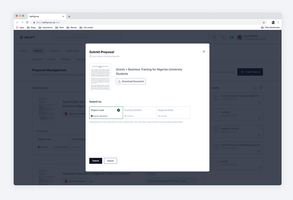 A modal for submitting proposals