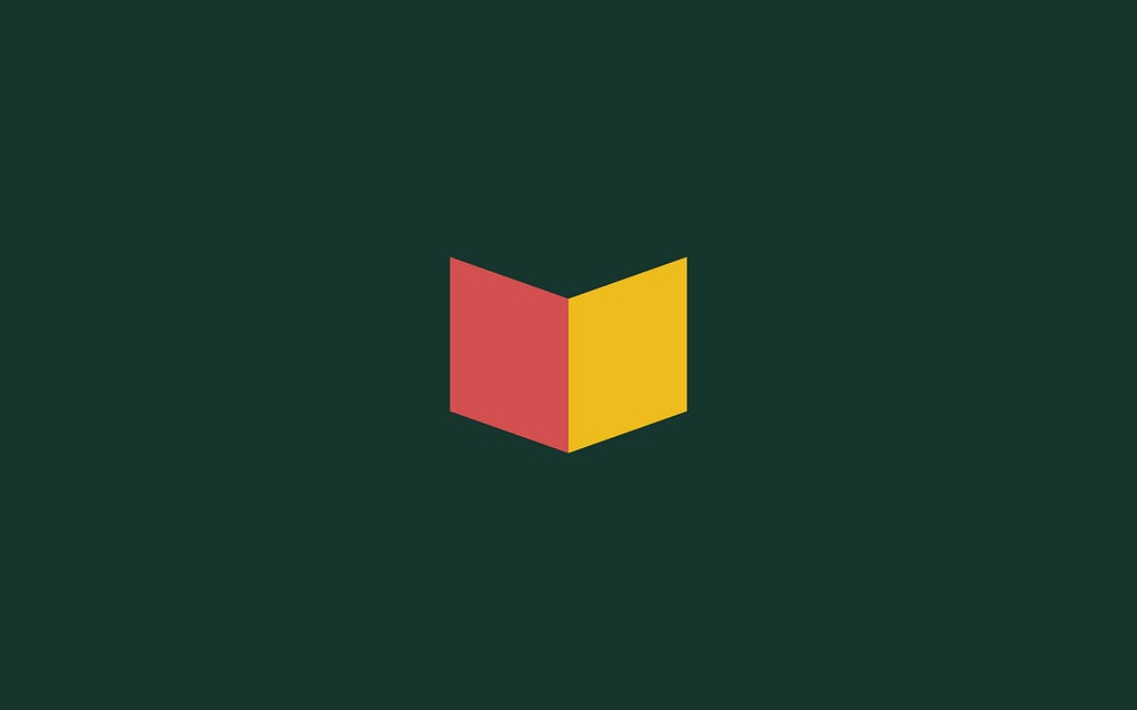 An abstract, geometric illustration of an open book in red, yellow, and dark green.