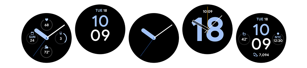 Watch faces in different styles: some analog with and without any markings, others digital. Some watch faces include additional data around the screen e.g. the date or number of steps taken today.
