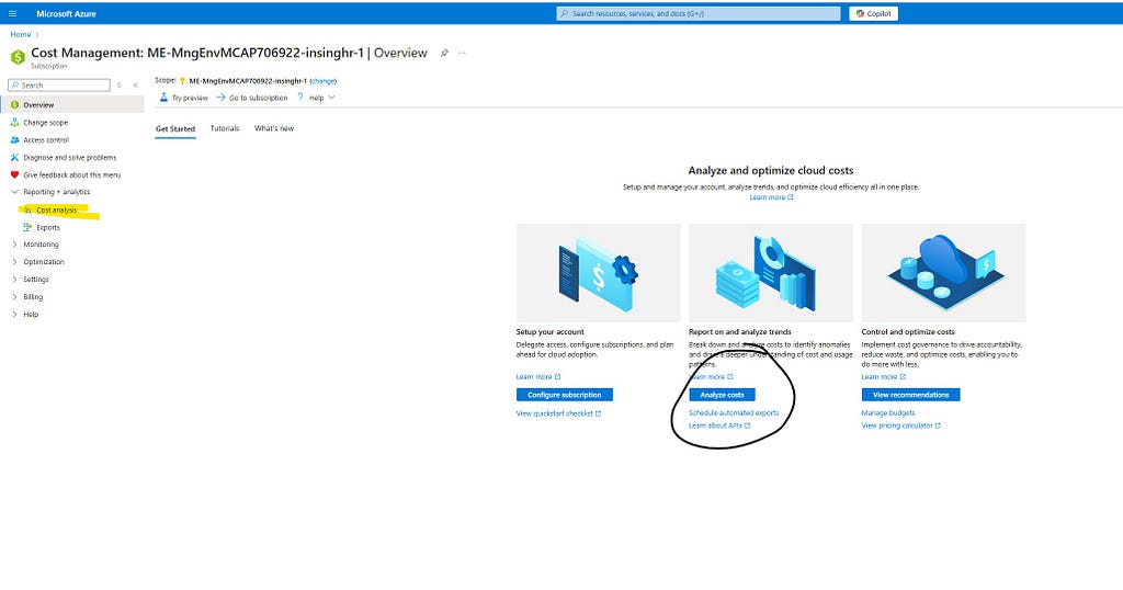 Select Cost Analysis and open Analye Costs Page