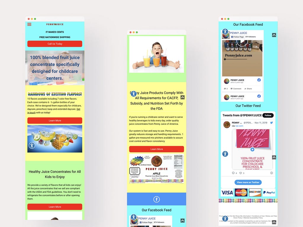 A picture showing mockups of the current mobile responsive view of the Pennyjuice homepage