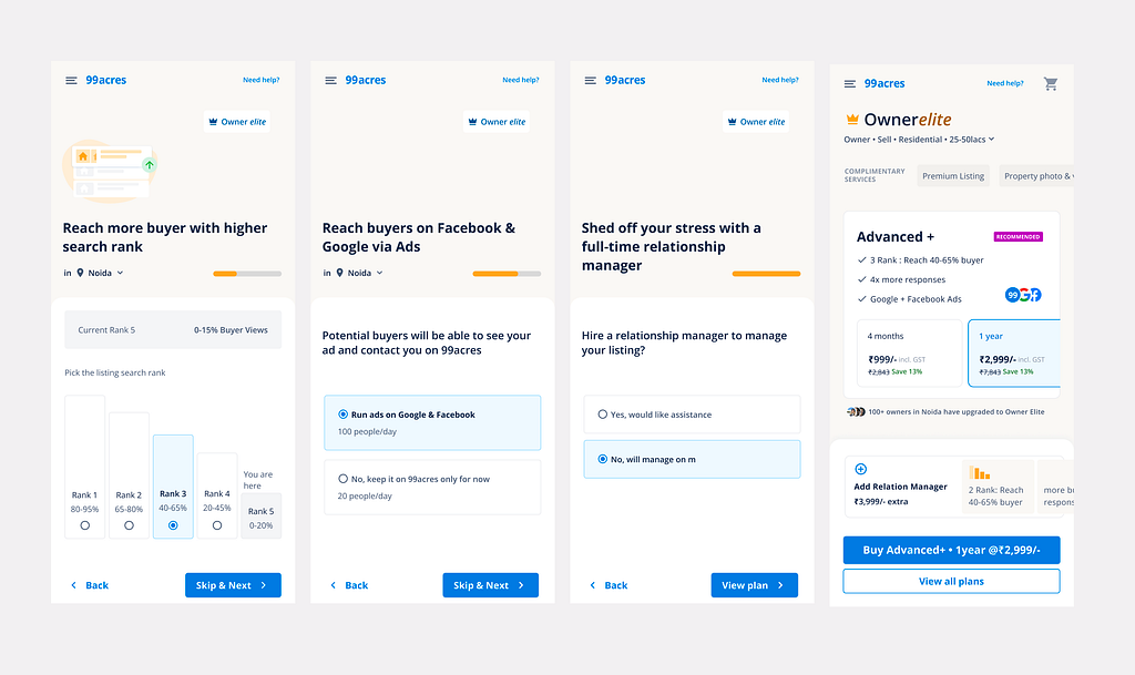 Mid-fidelity wireframes of premium plans