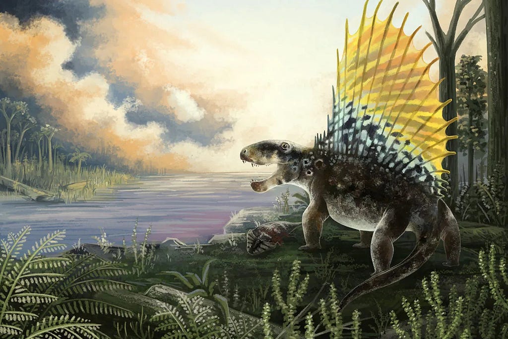 Dimetrodon, an ancient mammal relative, watches over a river landscape in the late Permian, 270 million years ago