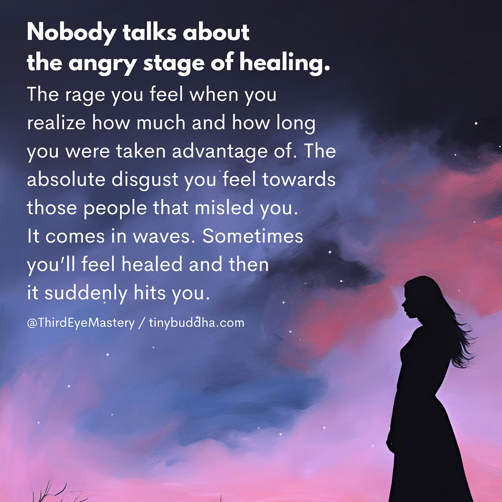 Nobody talks about the angry stage of healing. The rage you feel when you realize how much and how long you were taken advantage of. The absolute disgust you feel towards those who misled you. It comes in waves. Sometimes you’ll feel healed and then it suddenly hits you.