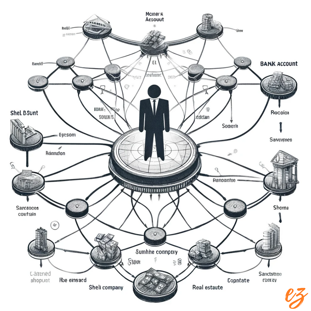 Detailed black and white pencil sketch of a money laundering and sanctions investigation graph centered on an icon representing a person, showing connections and transactions among various entities like banks and shell companies.
