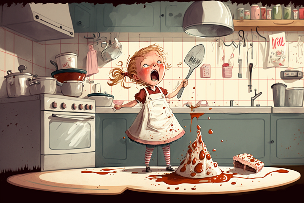 A girl stands in the kitchen, screaming as a dropped pizza sloshes on the floor, presumably come to life.