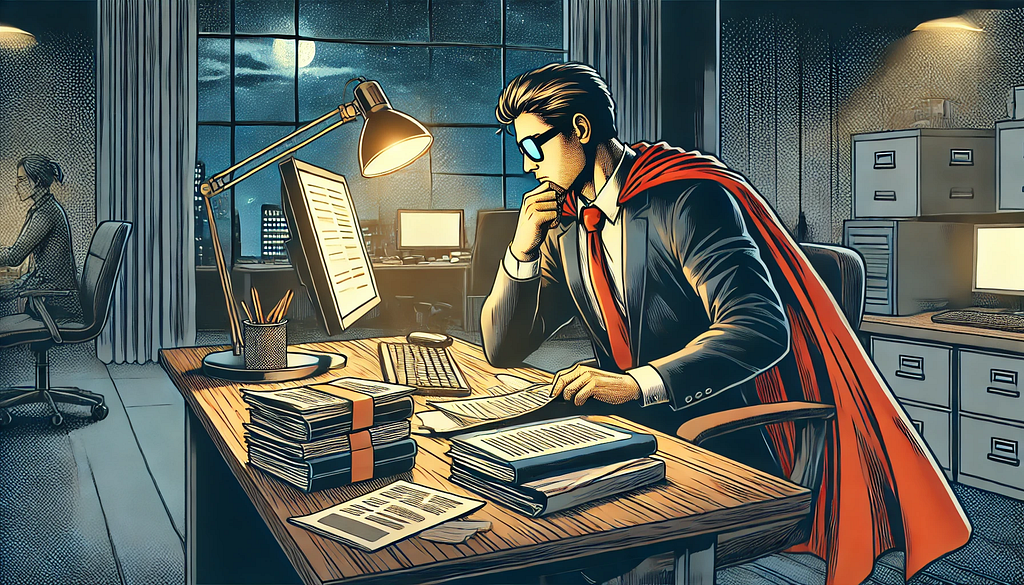 A comic-style office worker cosplaying as a superhero, intensely researching existing design systems at his desk in new office