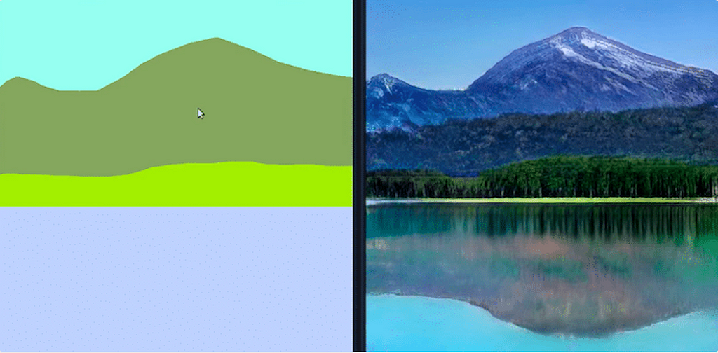 Imagen de un paisaje producido por GauGan interpretando colores y formas básicas.