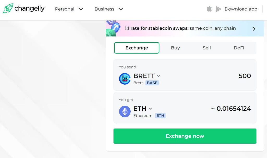 Trade BRETT for ETH with Changelly