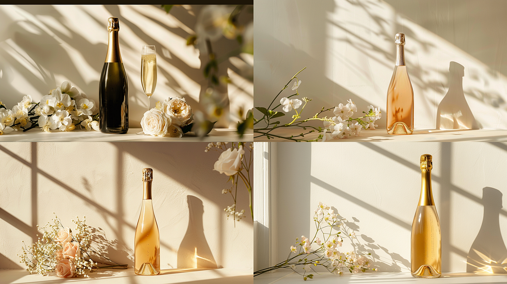 Product photography, a bottle of champagne, with flowers beside, high end, minimal, gold and white wall, beautiful lighting and shadow from the window