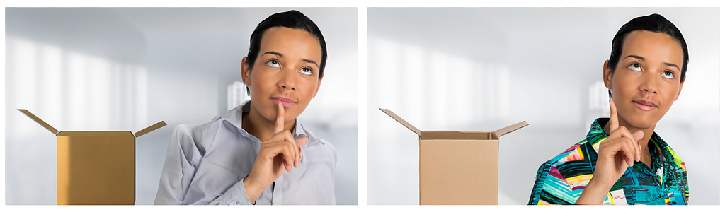 A person in a collared business shirt with a pointed finger held to their lips, thinking, next to a box that has a not-quite-right feel about it. Next to it is the same person, now with the pointed finger held away from their face, wearing a colorful Hawaiian shirt, and with a box that feels more like a normal box.