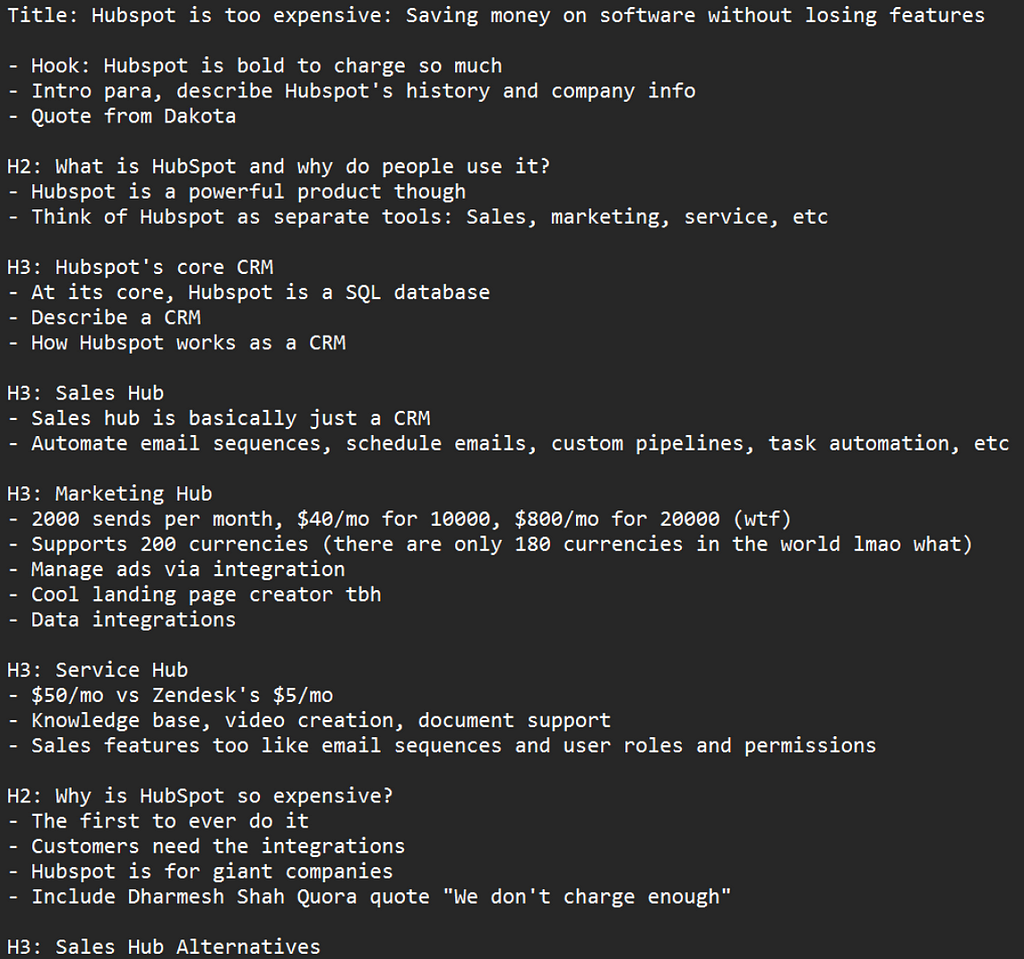 A notepad document showing headings and bulletpoints for a blog post in progress.