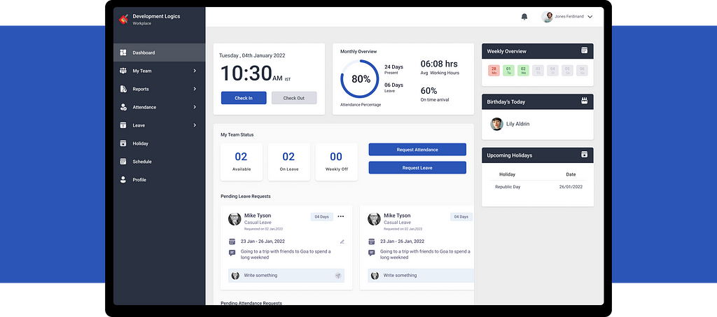 Dashboard displaying key features and visualizations for the product design project.