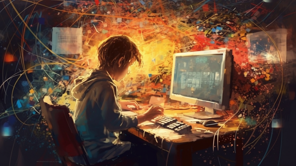 AI generated artwork of young person at a computer with colors swirling around