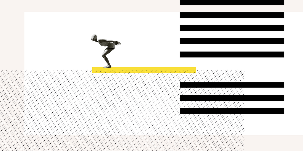 Illustration of the Shift logo bars, with a collage diver jumping off one bar highlighted yellow.