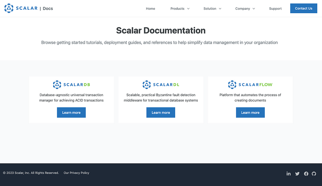 Scalar Documentation home page, with links to each of our product documentation sites
