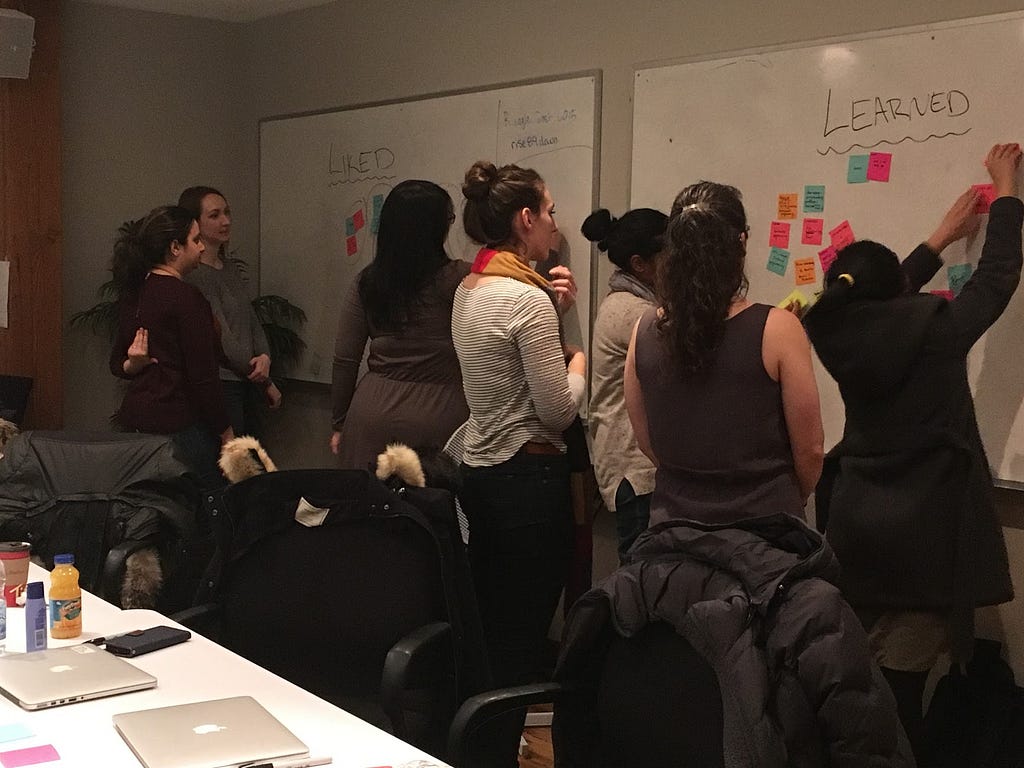 A group of developers placing sticky notes on a whiteboard.