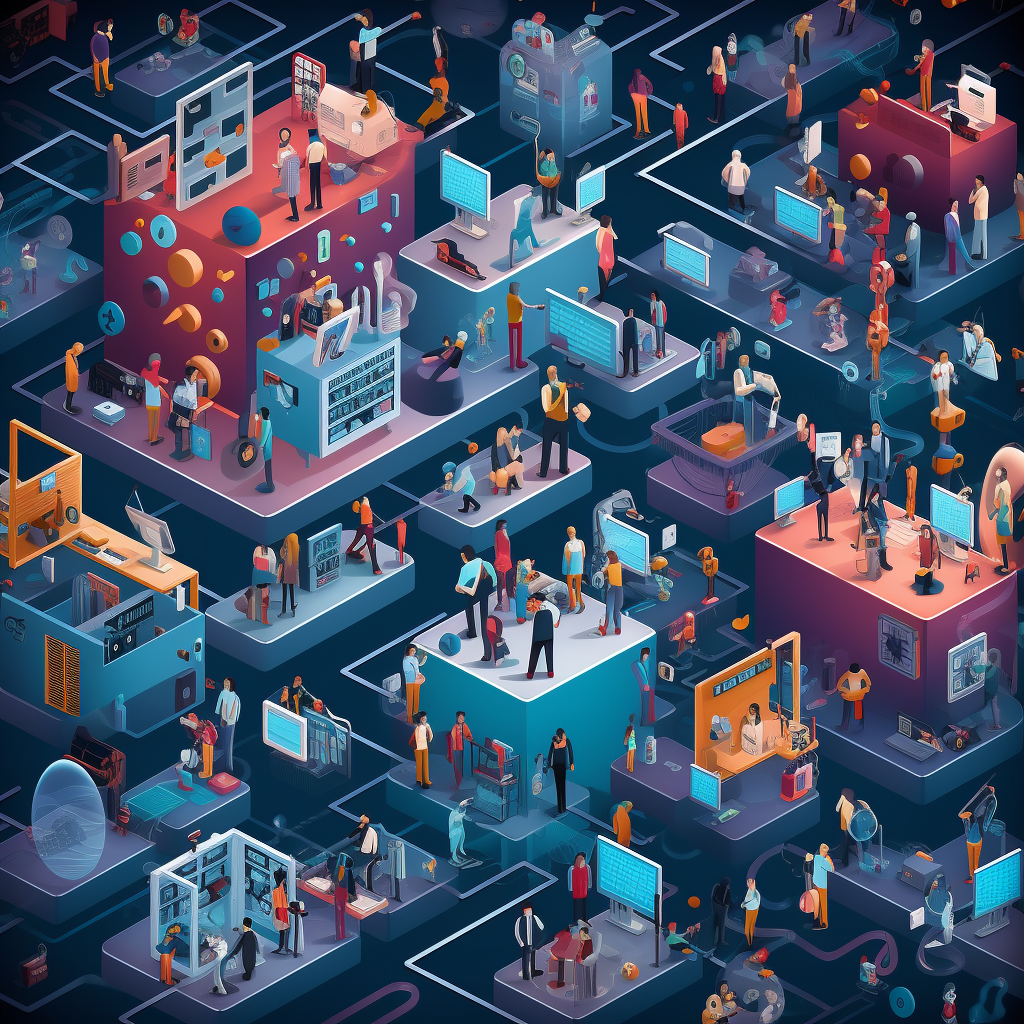 a vast network of connected apps that envelops a company with data flowing everywhere, 2d illustration